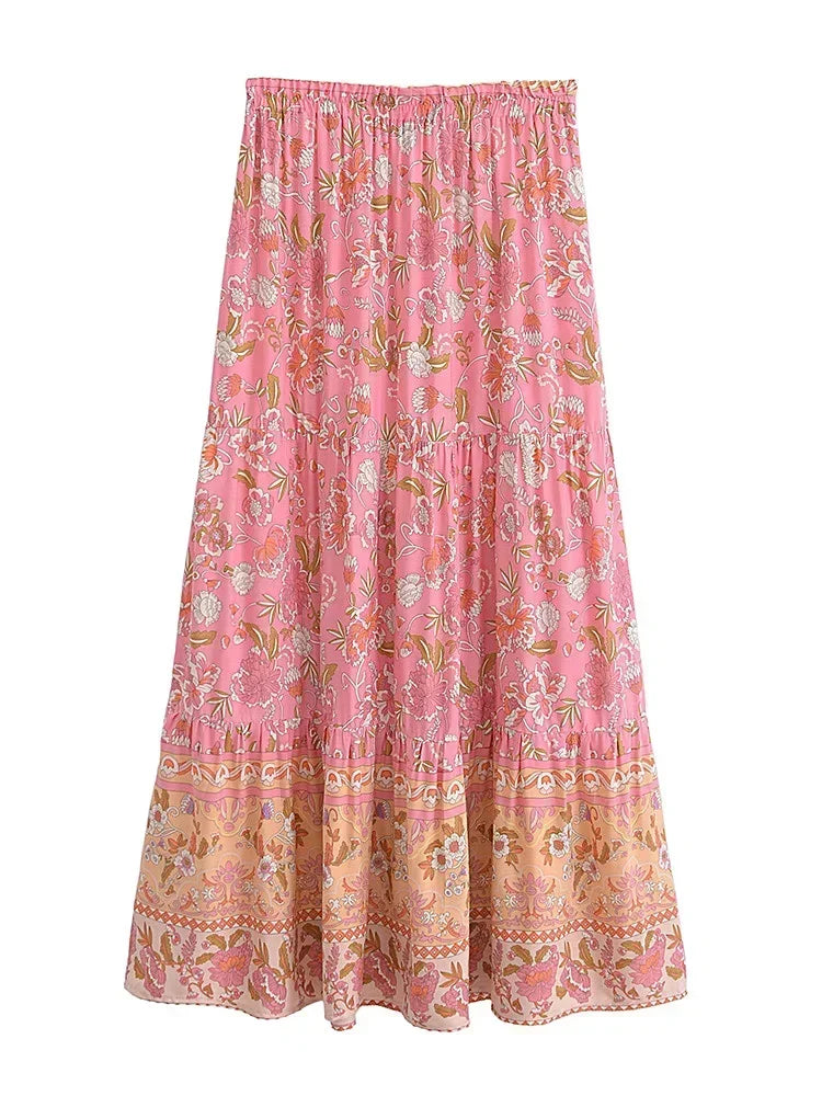 Blushing Bouquet Floral Print Boho Maxi Skirt