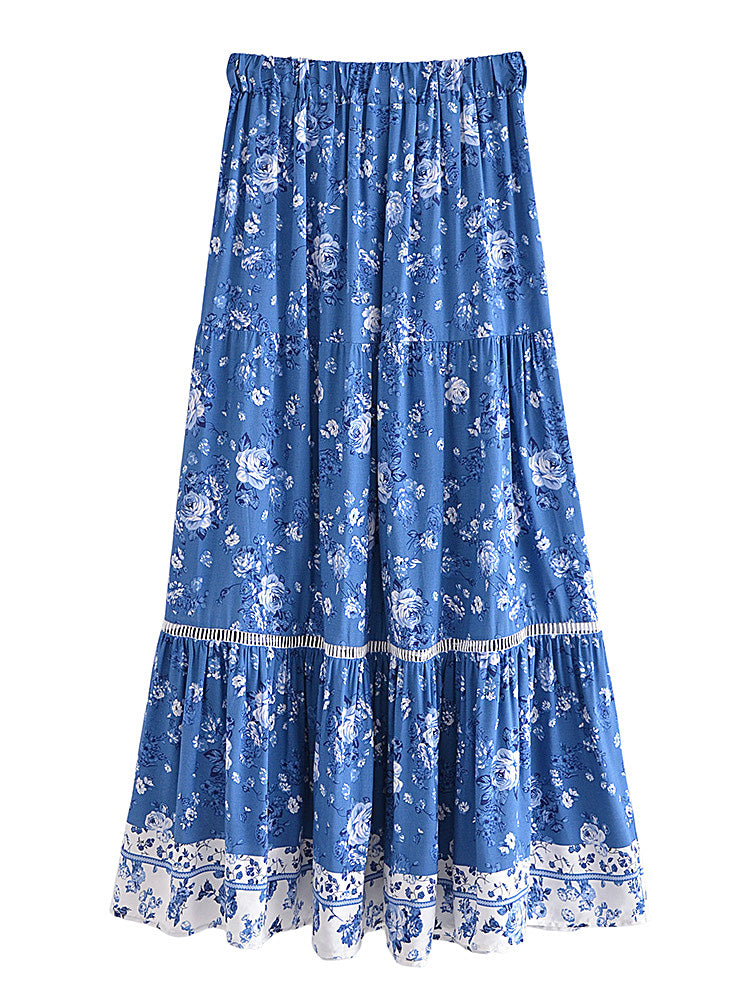 Cottage Blue Floral Print Boho Maxi Skirt
