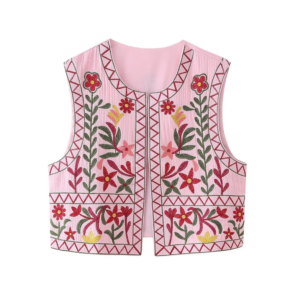 Pink Bouquet Boho Floral Embroidered Vest