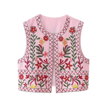 Pink Bouquet Boho Floral Embroidered Vest