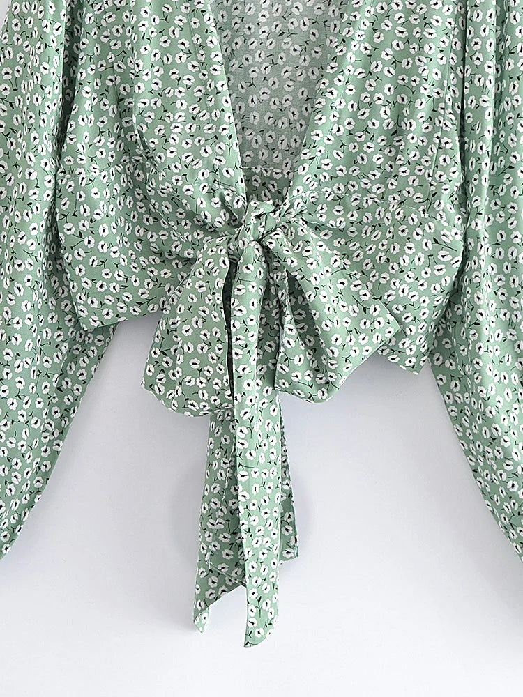 Sage Bloom Boho Floral Print Long Sleeve Crop Top