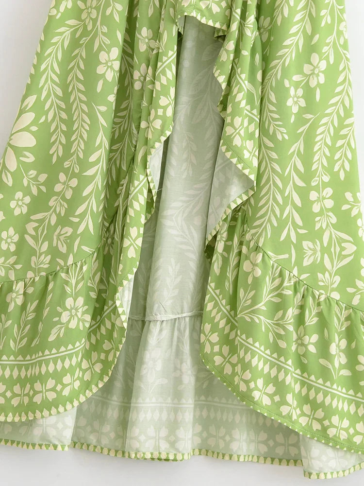 Eden Green Boho Floral Print High-Low Maxi Skirt