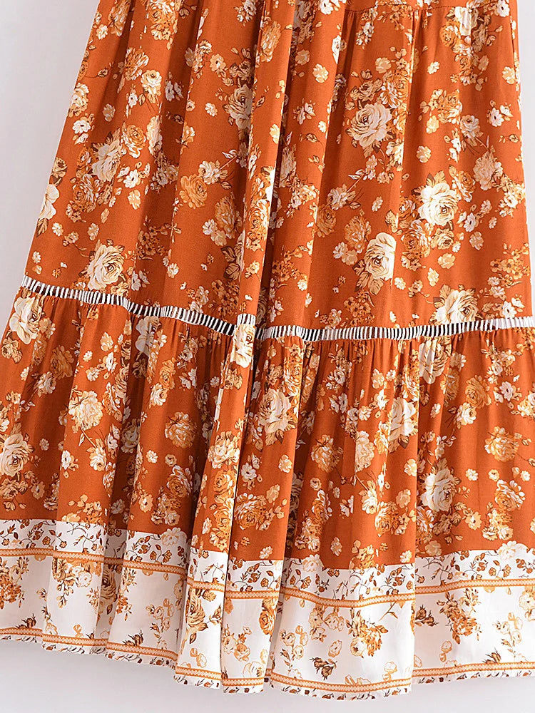 Amber Glow Floral Print Boho Maxi Skirt