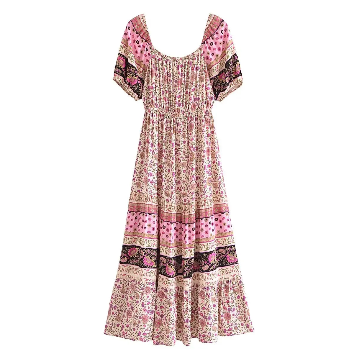 Pink Whimsy Boho Floral Print Midi Dress