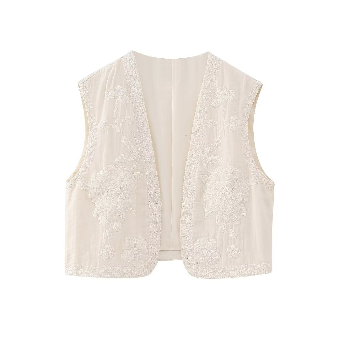 White Blooms Boho Floral Embroidered Vest