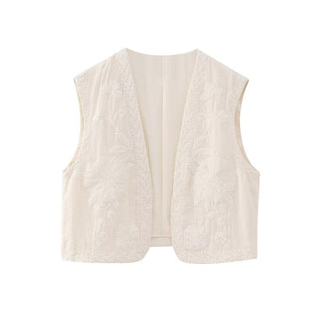White Blooms Boho Floral Embroidered Vest