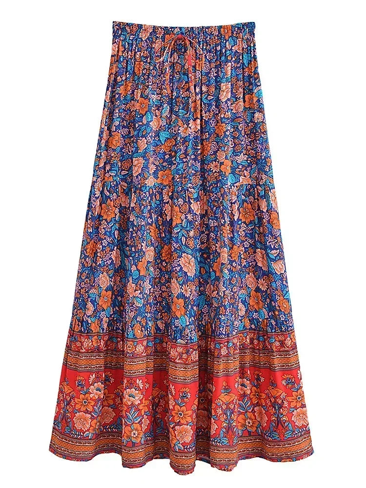 Sapphire Blue Floral Print Boho Maxi Skirt