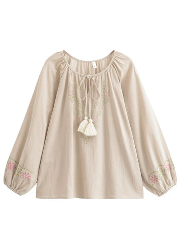 Cream Meadow Floral Embroidered Long Sleeve Blouse