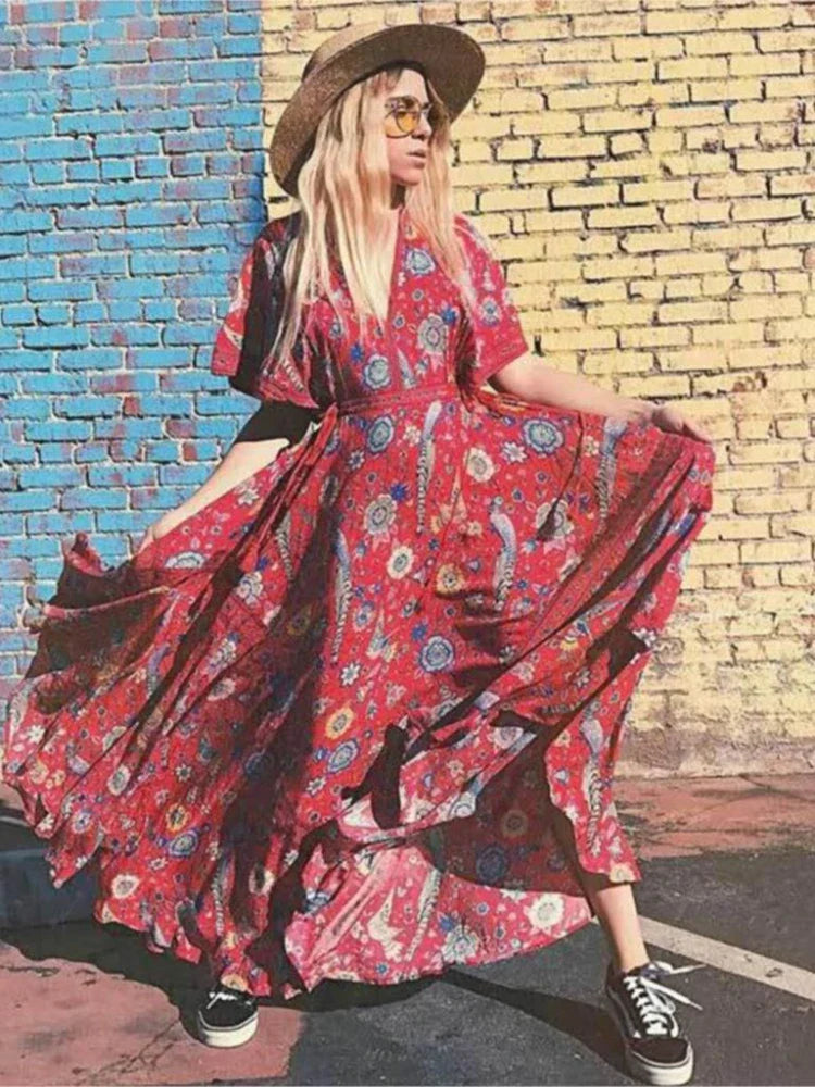 Red Songbird Boho Floral Print Midi Dress