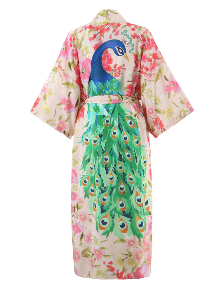 Pink Peacock Boho Floral Print Maxi Robe