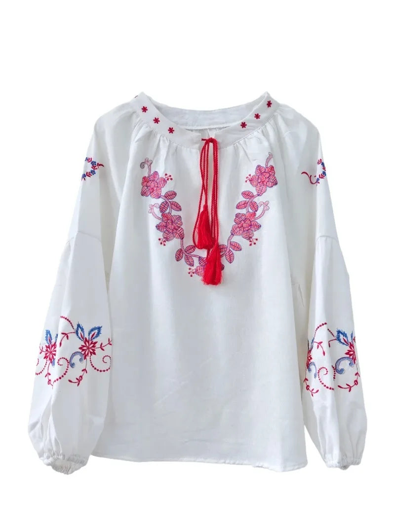 White Haven Floral Embroidered Long Sleeve Blouse