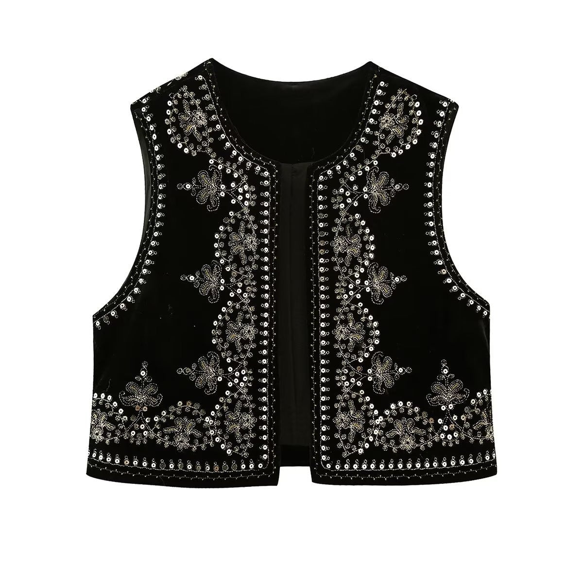 Black Boho Sequin Embroidered Vest