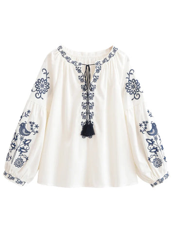 White Songbird Floral Embroidered Long Sleeve Blouse