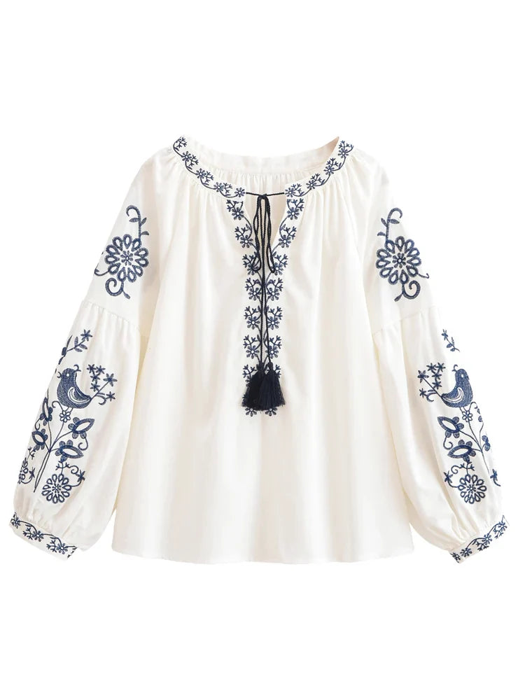 White Songbird Floral Embroidered Long Sleeve Blouse