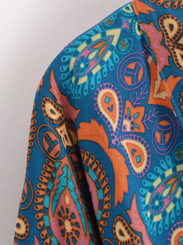 Azure Blue Boho Floral Print Crop Top