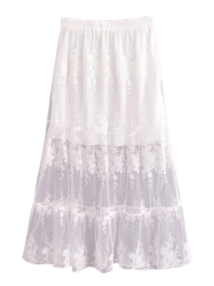 Romance in Lace Sheer Floral Midi Skirt