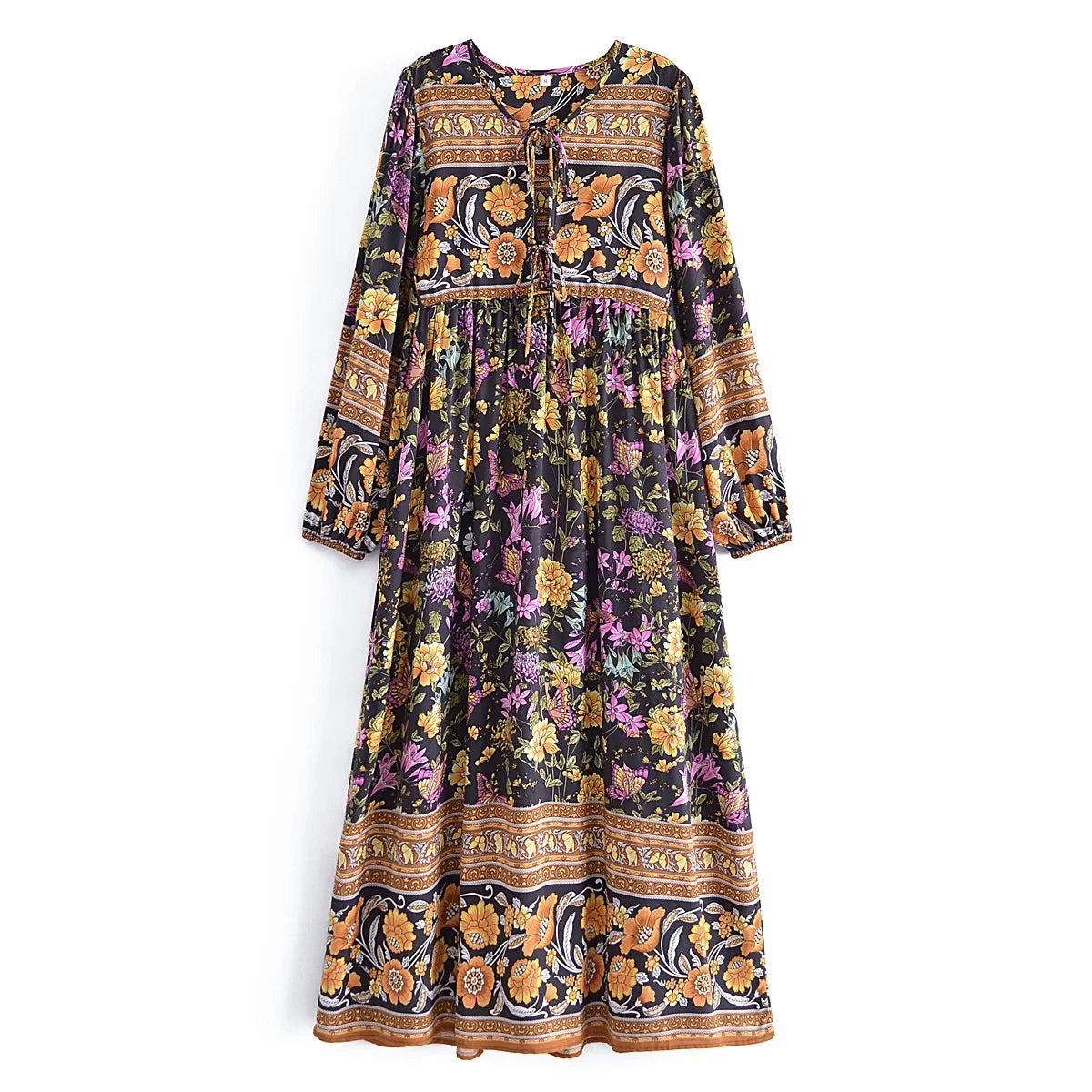 Black Butterfly Boho Floral Print Long Sleeve Maxi Dress