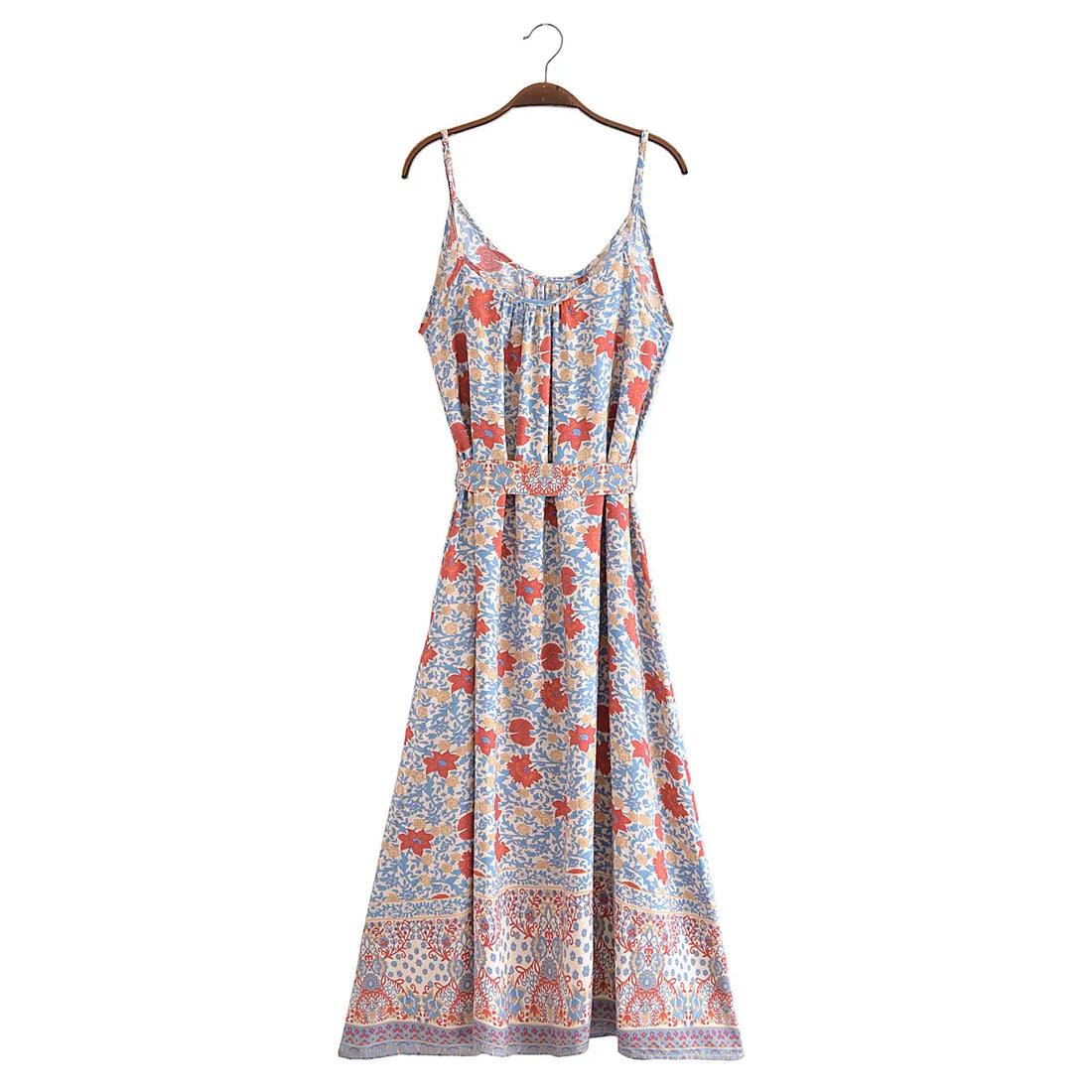 Tranquil Blue Boho Floral Print Maxi Dress