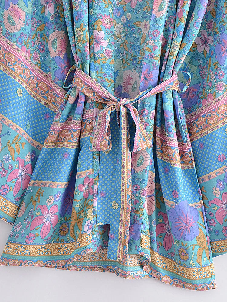 Hibiscus Bliss Boho Floral Print Short Robe