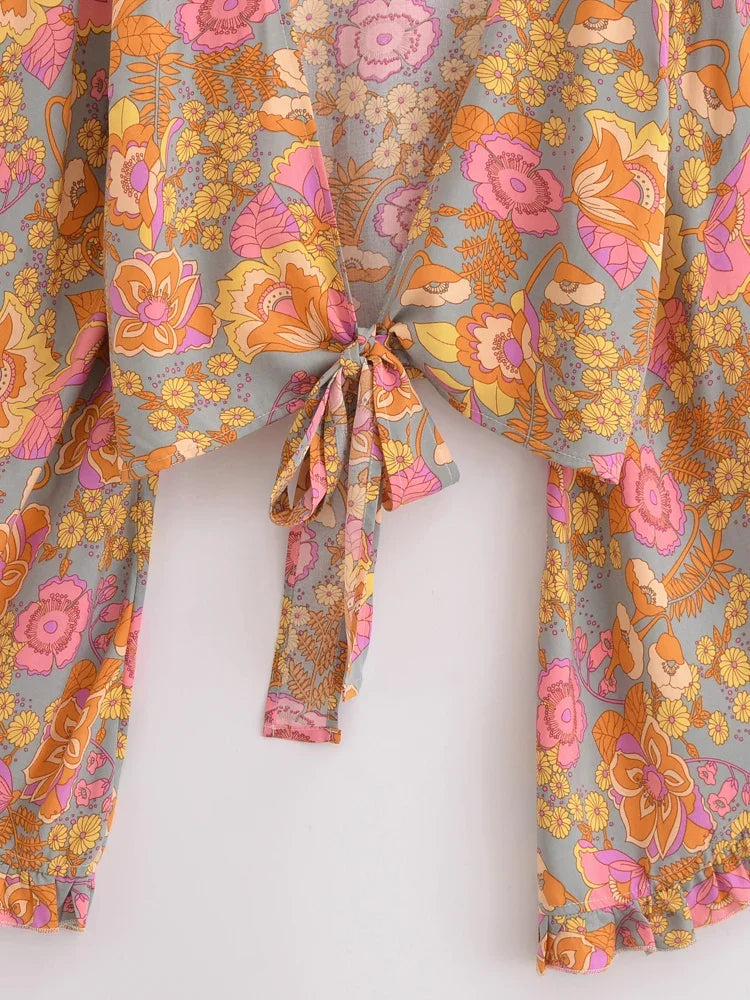 Retro Bloom Boho Floral Print Long Sleeve Crop Top