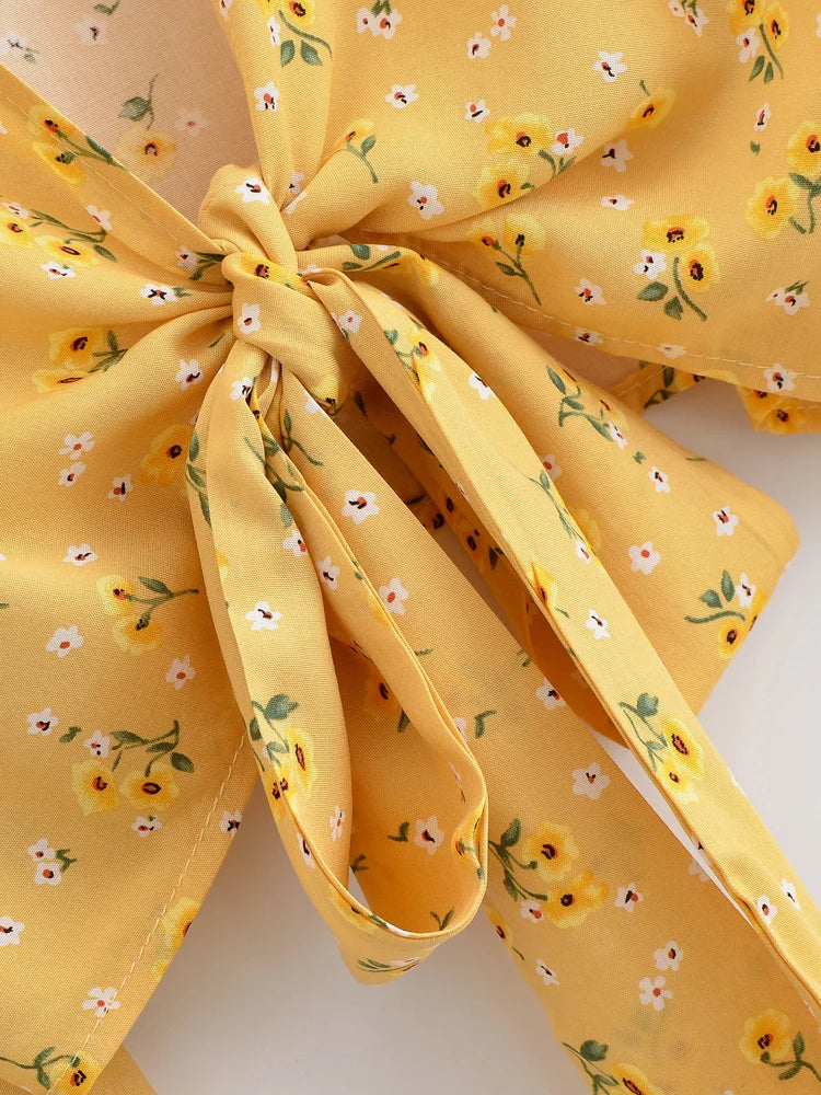 Buttercup Bloom Boho Floral Print Long Sleeve Crop Top