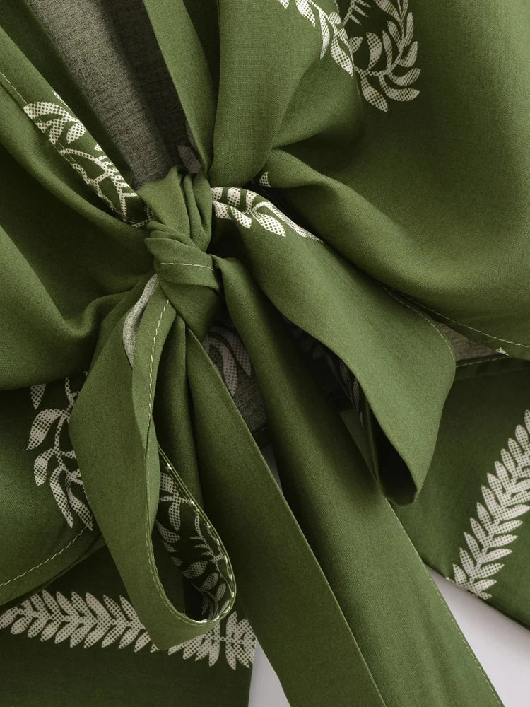 Sagewood Green Boho Floral Print Crop Top