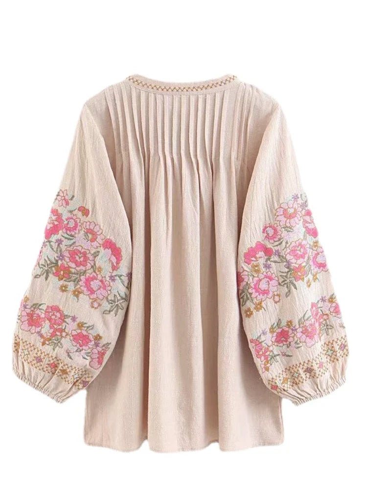 Blush Meadow Boho Embroidered Floral Long Sleeve Blouse