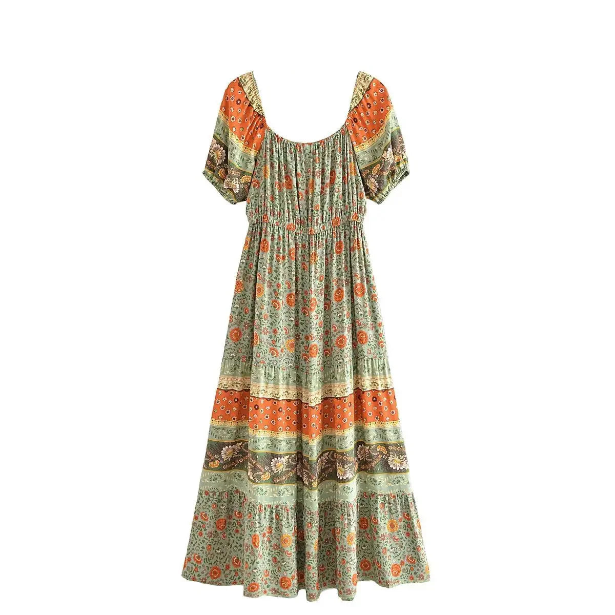 Green Whimsy Boho Floral Print Maxi Dress