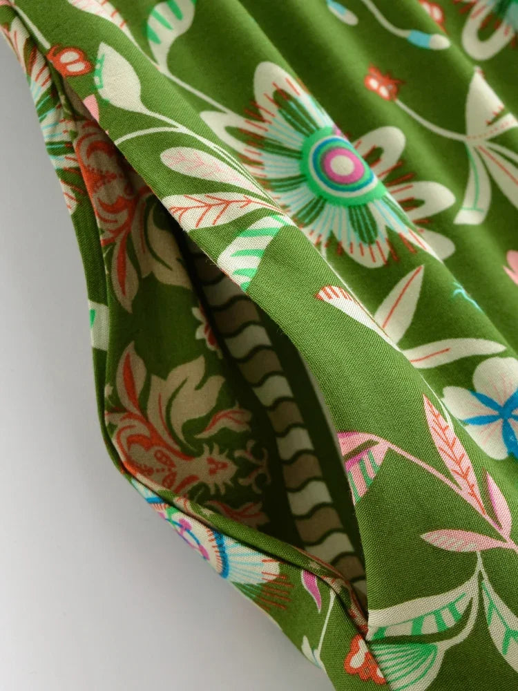 Green Dreamer Floral Print Boho Maxi Skirt