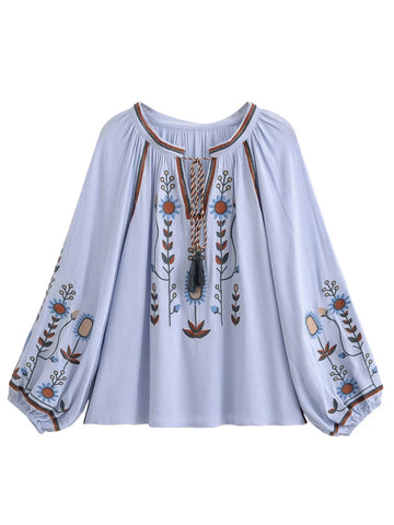 Willow Sky Floral Embroidered Long Sleeve Blouse
