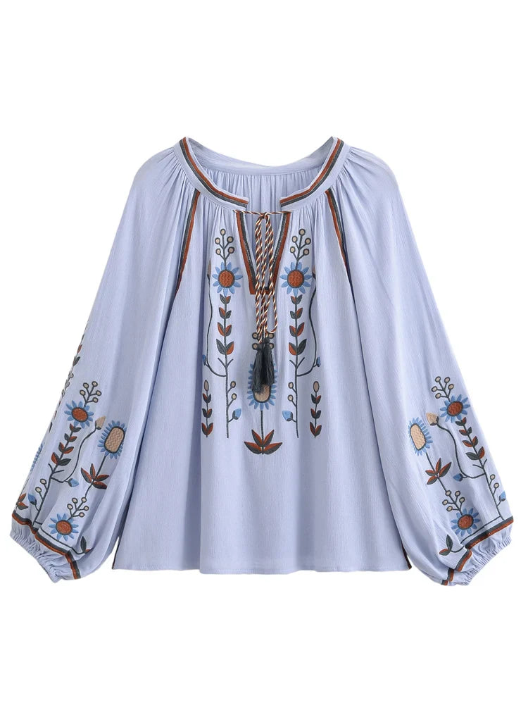 Willow Sky Floral Embroidered Long Sleeve Blouse