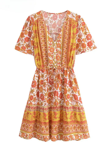 Marigold Orange Boho Floral Print Mini Dress