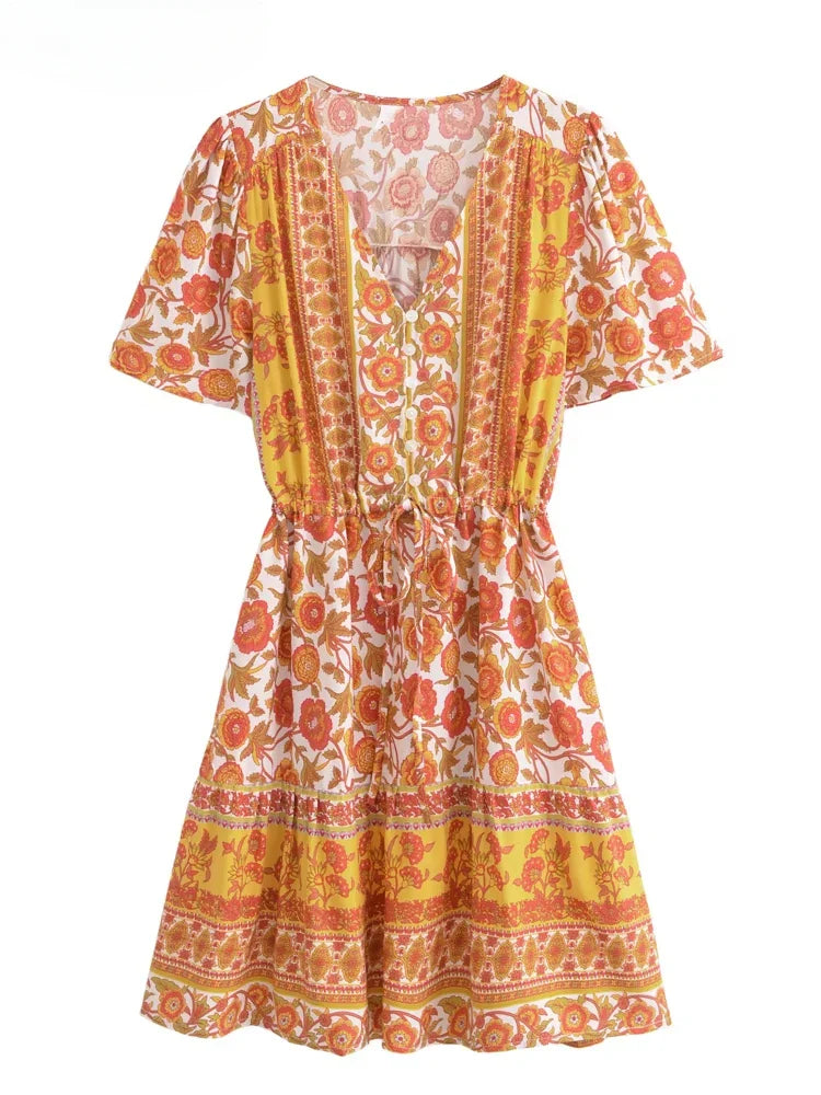Marigold Orange Boho Floral Print Mini Dress