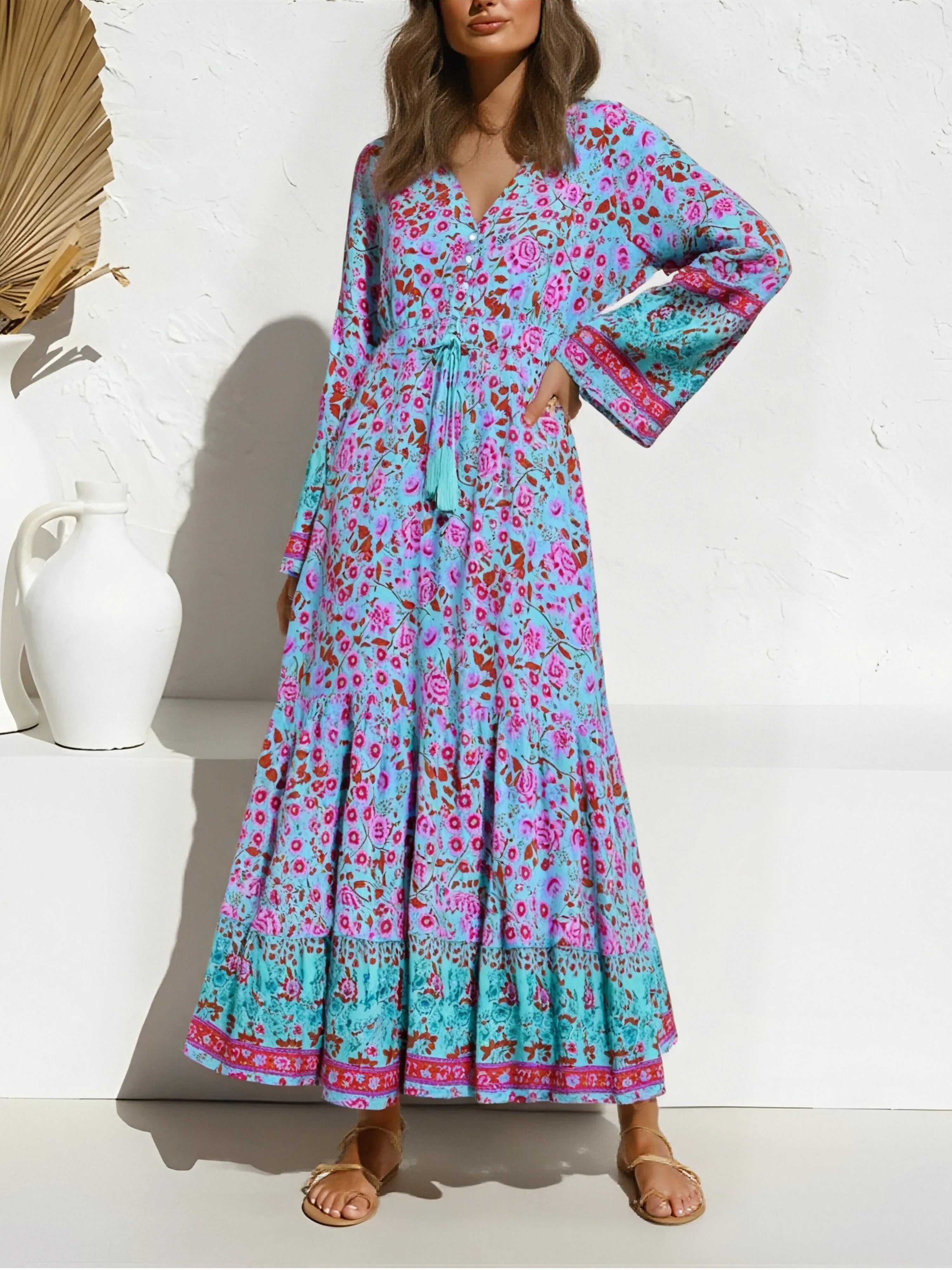 Blooming Rose Boho Floral Print Maxi Dress