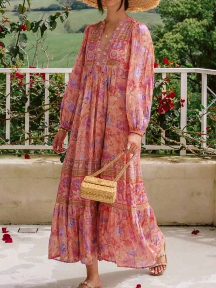 Pink Butterfly Boho Floral Print Long Sleeve Maxi Dress