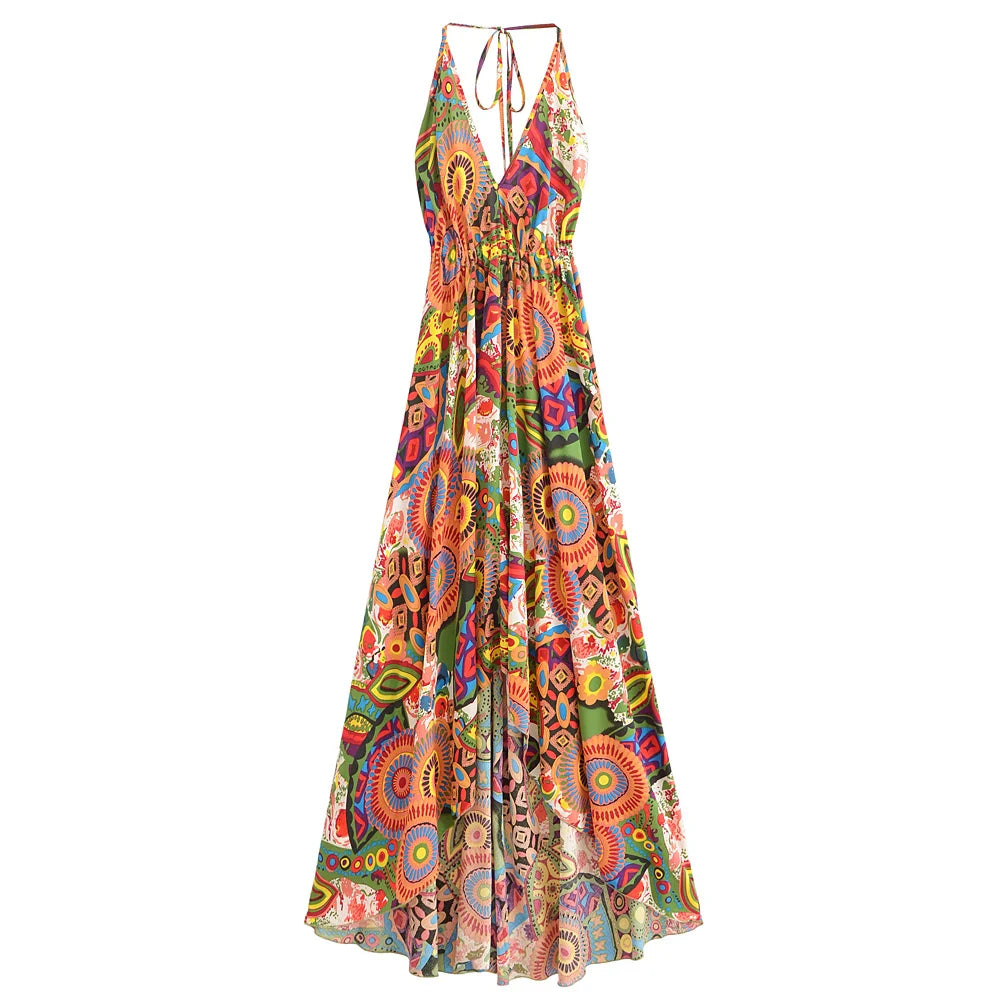 Psychedelic Sunrise Boho Floral Print Maxi Dress