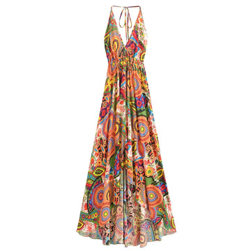 Psychedelic Sunrise Boho Floral Print Maxi Dress