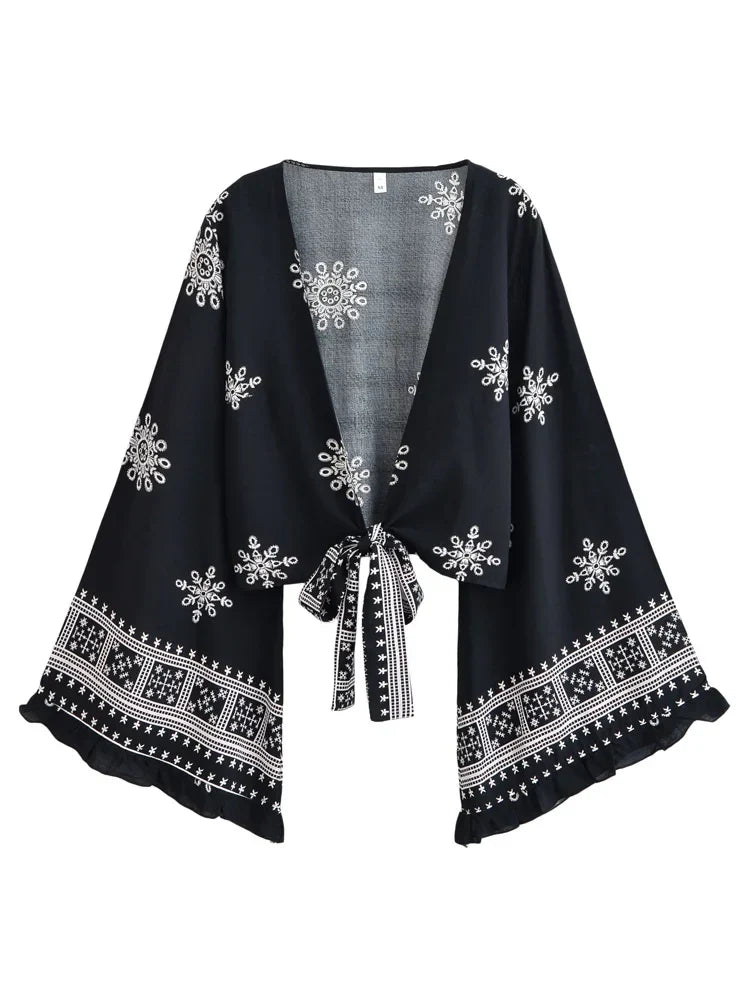 Onyx Dream Boho Floral Print Long Sleeve Crop Top