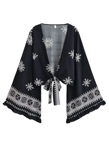 Onyx Dream Boho Floral Print Long Sleeve Crop Top