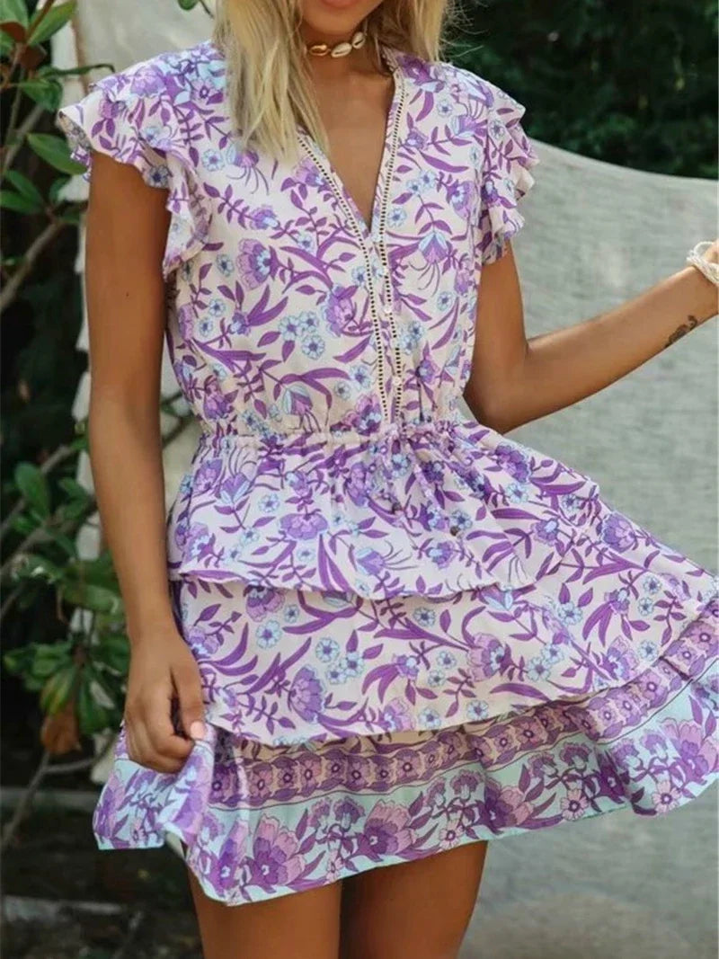 Sweet Violet Daydream Boho Floral Print Mini Dress
