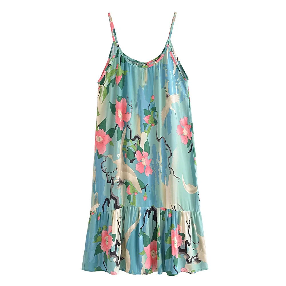 Moonlight Crane Boho Floral Print Midi Dress