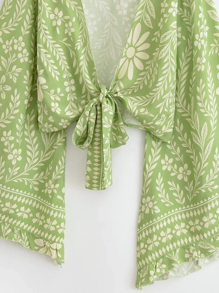 Eden Green Boho Floral Print Long Sleeve Crop Top