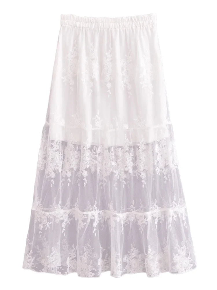 Romance in Lace Sheer Floral Midi Skirt