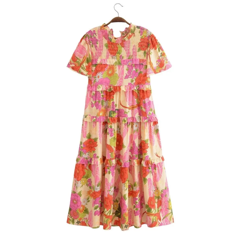 Paradise Sunset Boho Floral Print Midi Dress