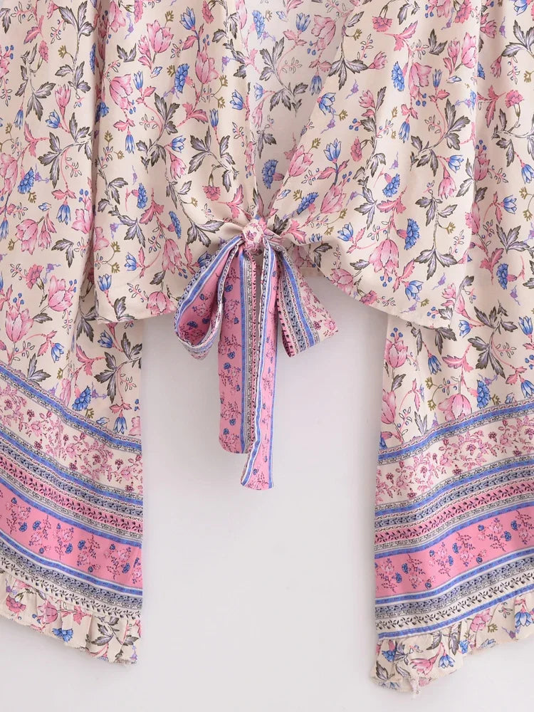 Mystic Petals Boho Floral Print Long Sleeve Crop Top