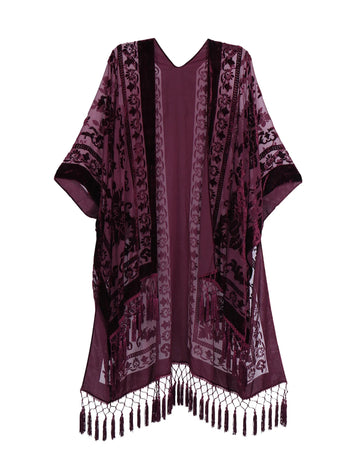 Merlot Floral Print Velvet Burnout Kimono