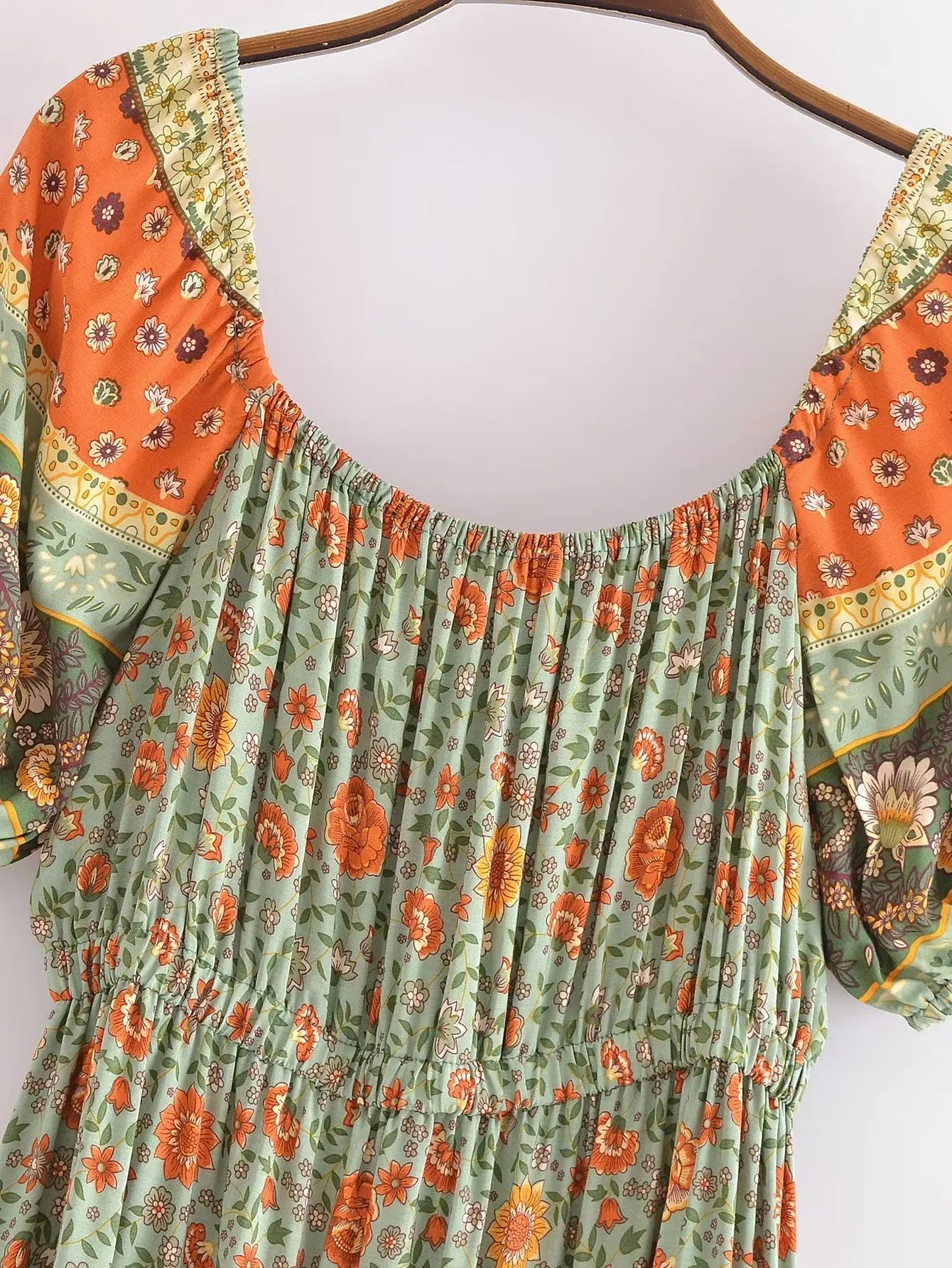 Green Whimsy Boho Floral Print Maxi Dress