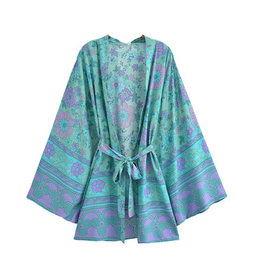 Turquoise Bloom Boho Floral Print Short Robe