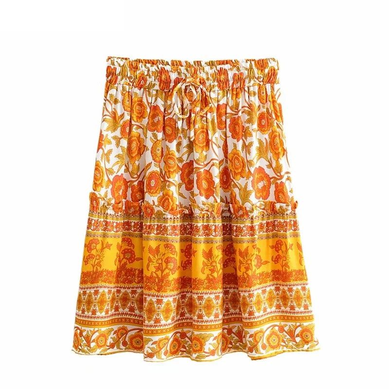 Marigold Orange Floral Print Mini Skirt