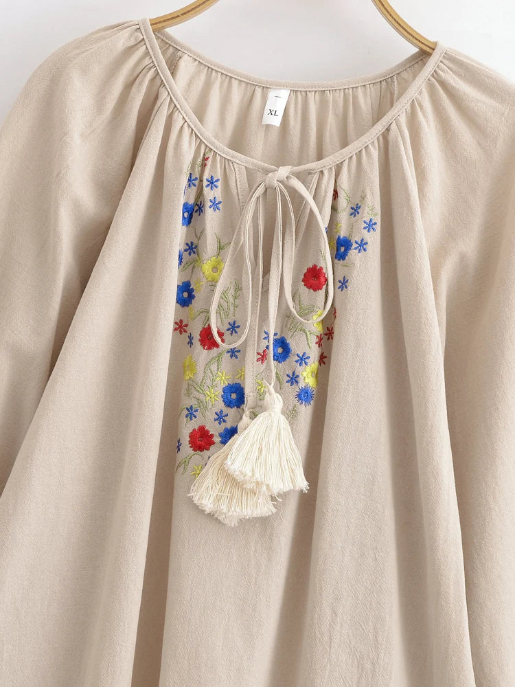 Beige Wildflower Floral Embroidered Long Sleeve Blouse